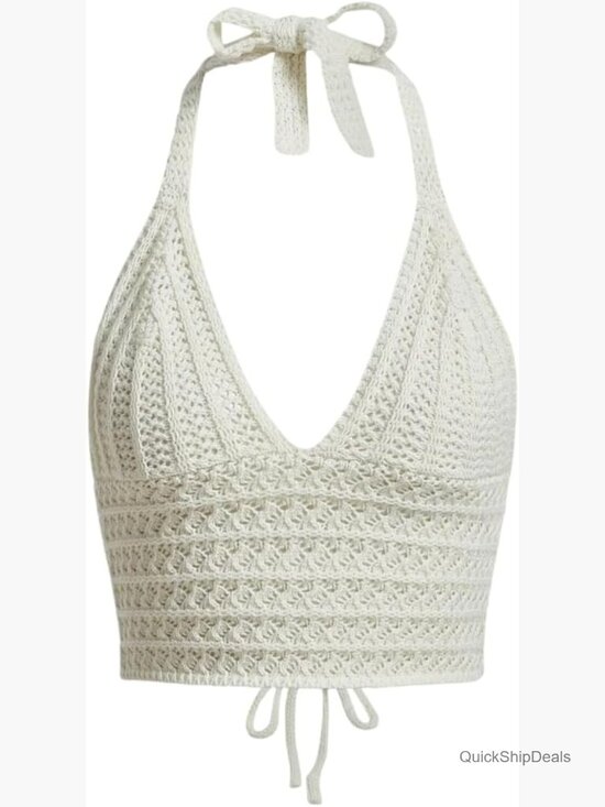 Tops - Lace Up Backless Crochet Crop Halter Top